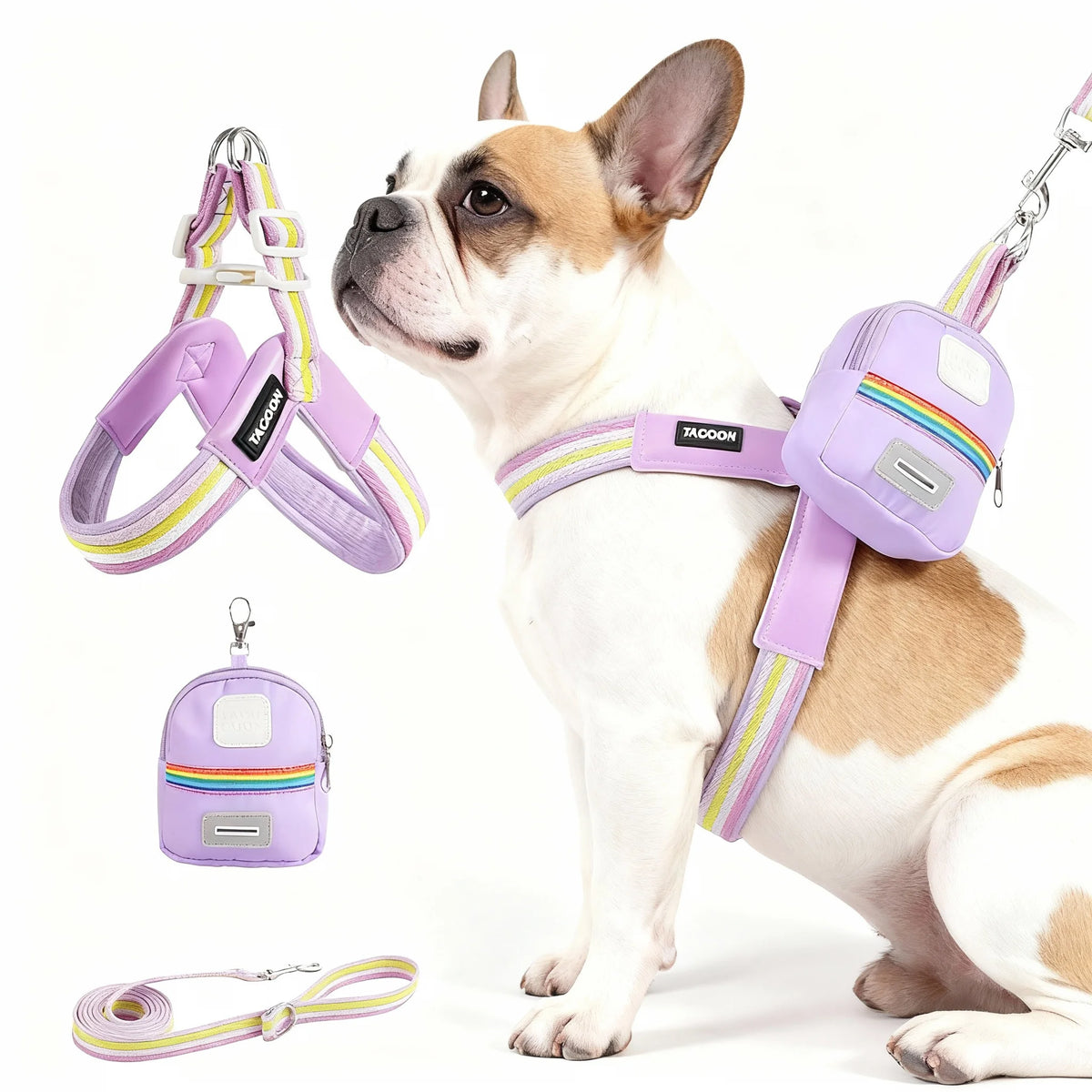Y-Shape Harness Leash Set with Detachable Dog Backpack, Pastel Colors No Pull Pet Vest for Walking, Adjustable Reflective Small