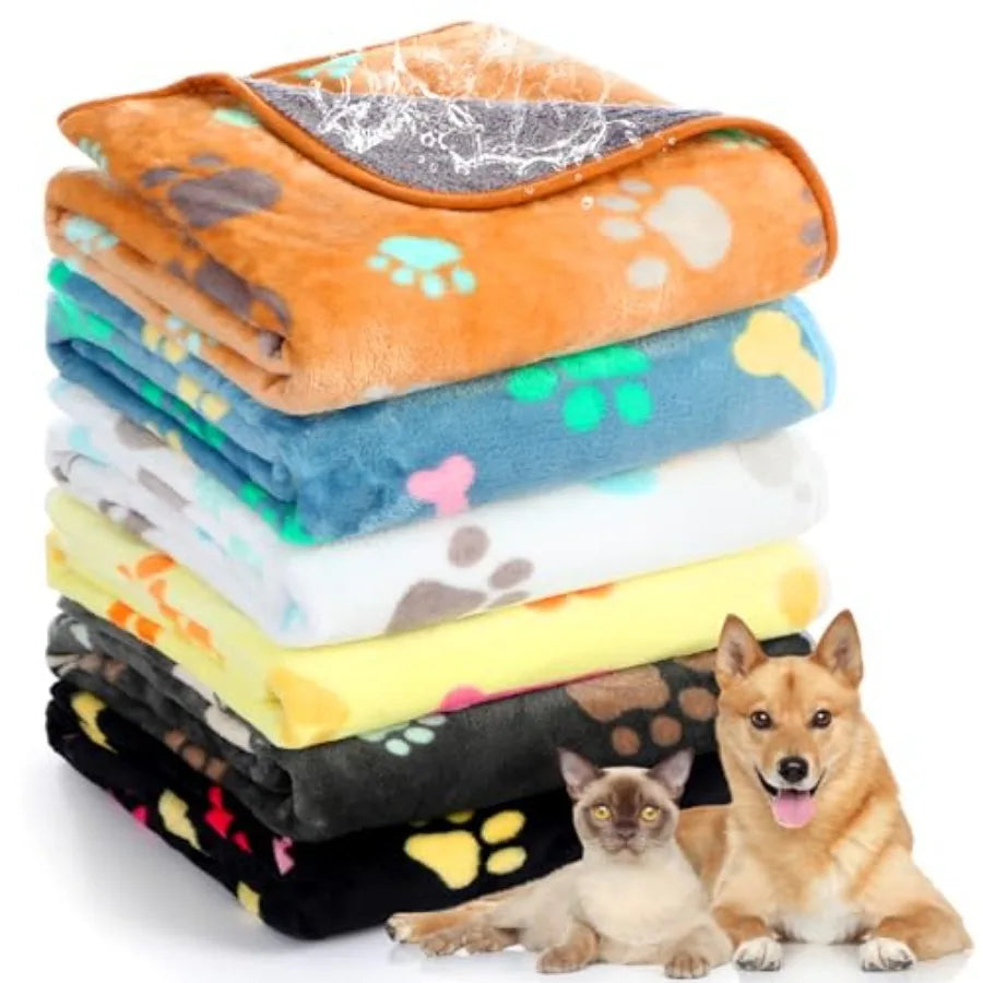 6 Pcs Waterproof Dog Blanket Paw Print Pet Blanket for Dogs Cats Puppy Washable Soft Fluffy Fleece Rug Flannel Throw Warm Sleep