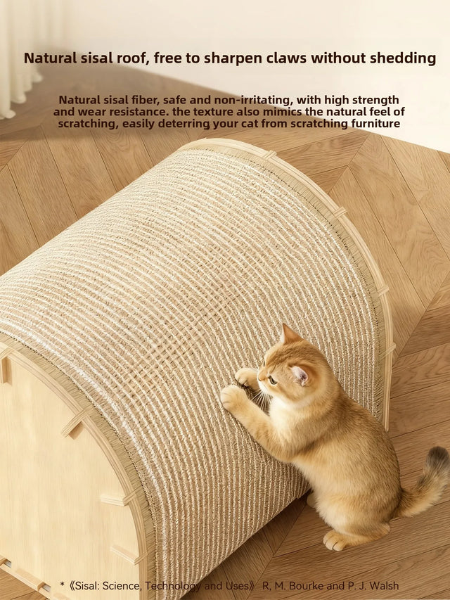 2025 New Thickened Enclosed Large Cat Bed with Sisal Scratching Post All Seasons Wooden Cat House