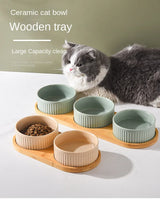 850 Ml Dogs and Cats Ceramic Bowl Double Triple Cat Food Wood Pallet Water Bowl Large Capacity Pet Drinking Water Feeder