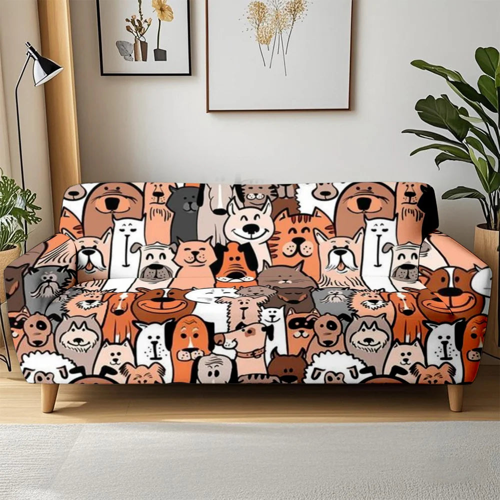 1pc Cute Cartoon Dog Print Stretch Sofa Cover, Removable Washable Couch Slipcover for Pet Lover Home Decor