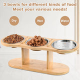 Cat 3 Bowls in 1 Raised Feeder with Silicone Food Mat 15-Degree Tilt Elevated Wood Stand 3 Stainless Steel Bowls Puppy Cat Feeding Watering Supplies