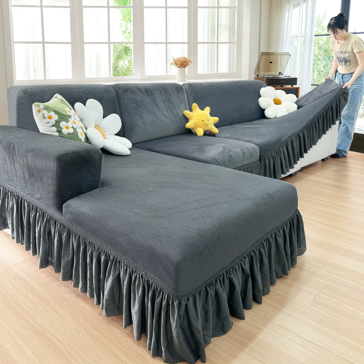 Stretch Velvet Sofa Slipcover, Cushion Couch Cover with Skirt, Pet Friendly Durable Washable Stretchable, Easy Fit protector
