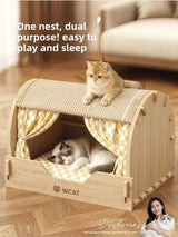 2025 New Thickened Enclosed Large Cat Bed with Sisal Scratching Post All Seasons Wooden Cat House