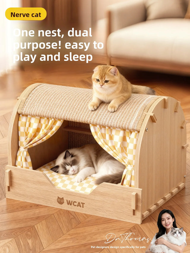 2025 New Thickened Enclosed Large Cat Bed with Sisal Scratching Post All Seasons Wooden Cat House